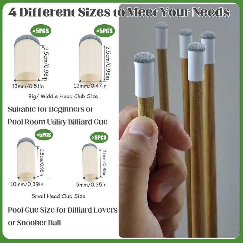 Keromtein 20pcs Slip On Pool Cue Tips, 4 Sizes Pool Queue Stick Tips Replacement Kit, Billiard Cue Sticks Tips Pool Cue Repair Kit Pool Table Accessories (9mm/ 10mm/ 12mm/ 13mm, Each Size 5pcs) - Image 2